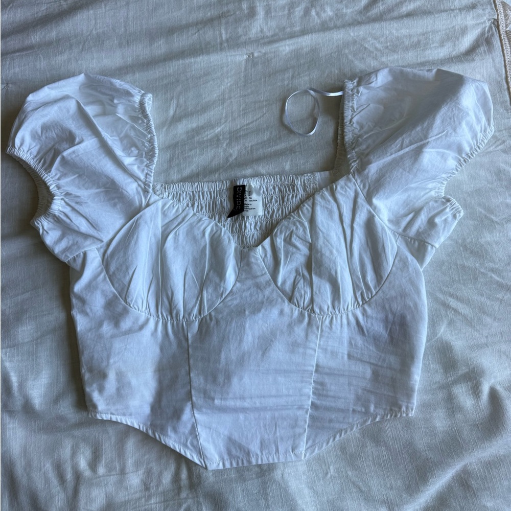 White Puff-Sleeve Crop Top - H&M